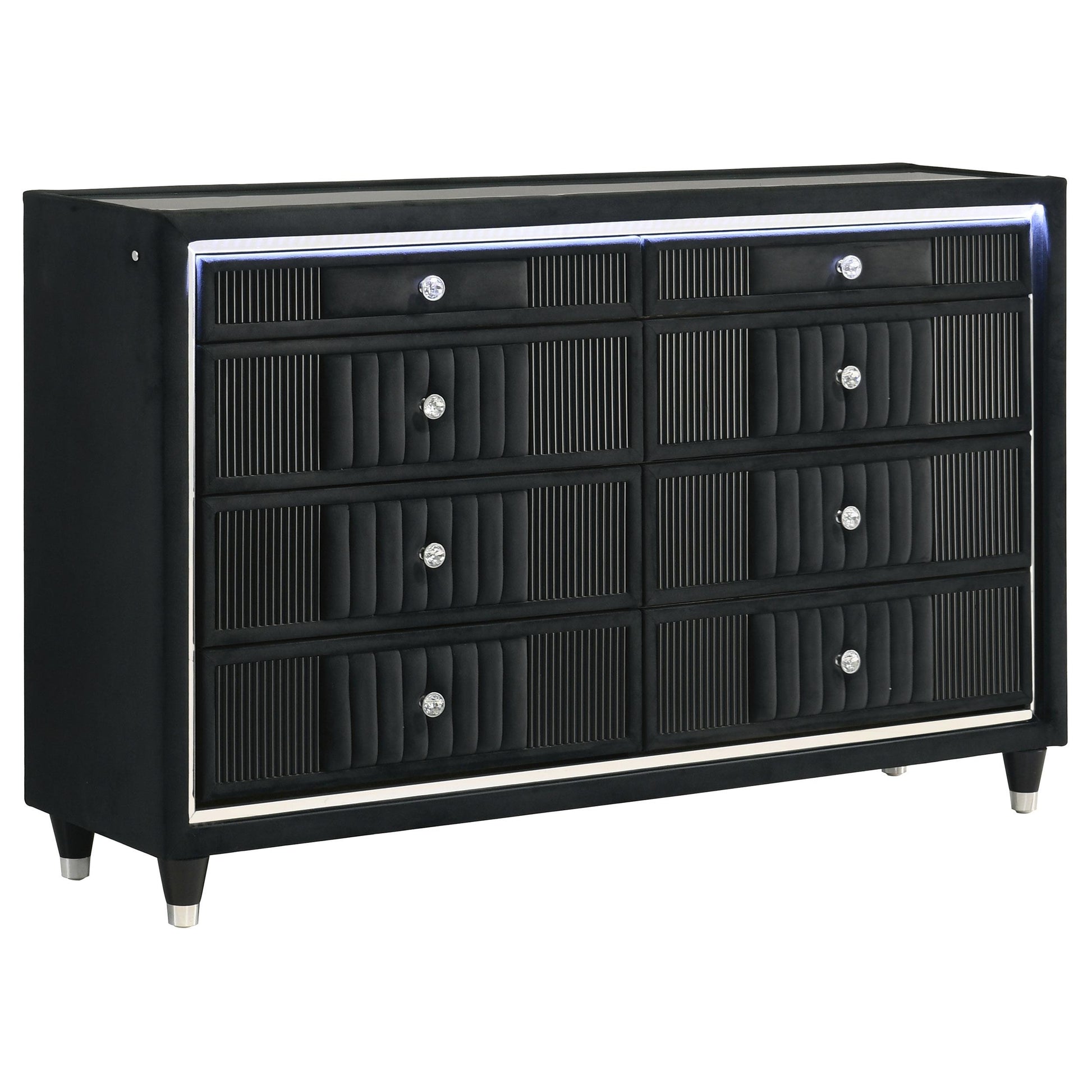  Coaster Furniture Ravenne 223193 8-drawer Velvet Upholstered LED Dresser Cabinet - Black IMAGE 1