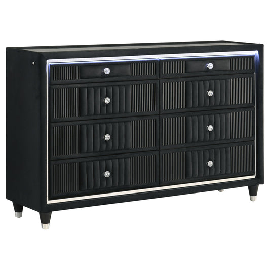  Coaster Furniture Ravenne 223193 8-drawer Velvet Upholstered LED Dresser Cabinet - Black IMAGE 1