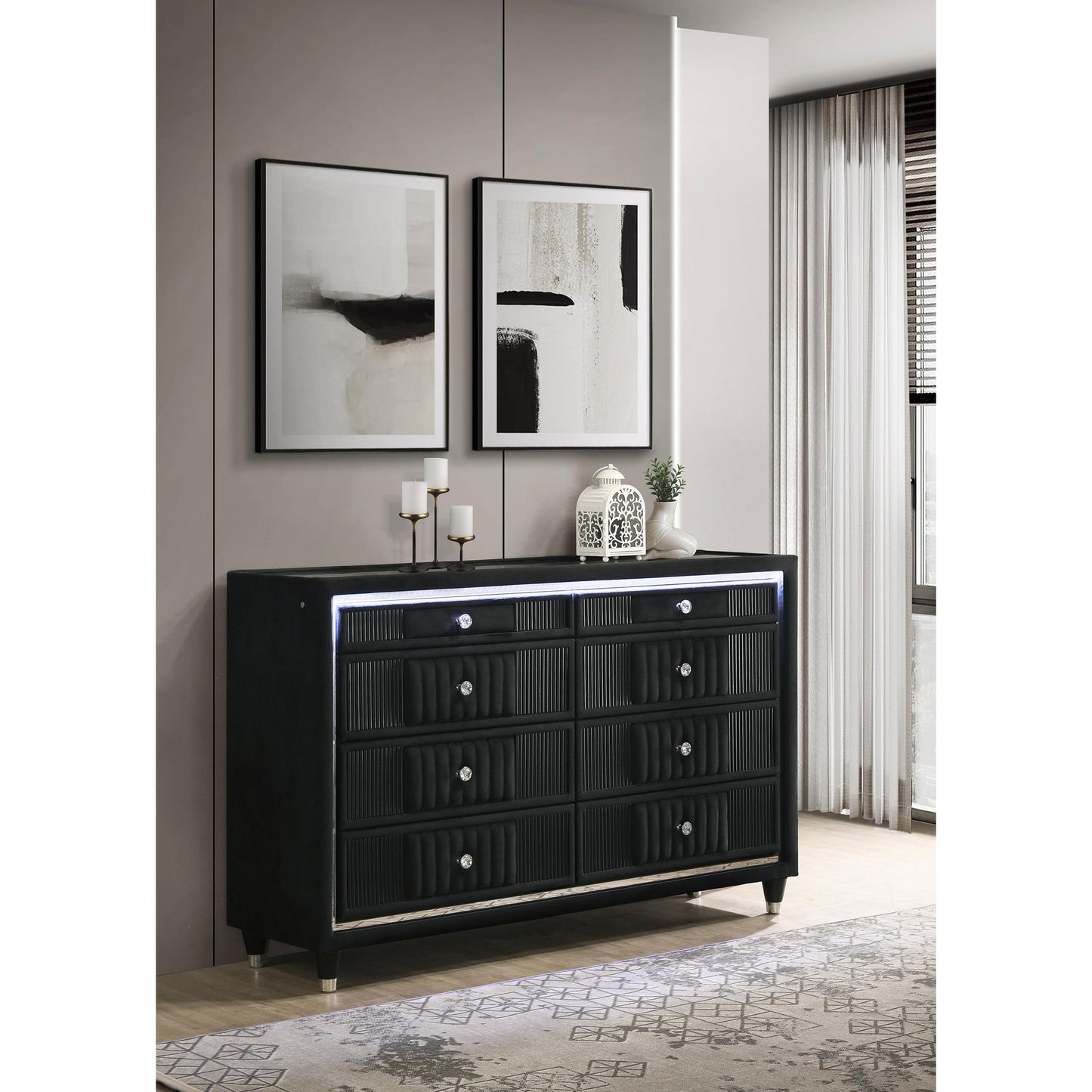  Coaster Furniture Ravenne 223193 8-drawer Velvet Upholstered LED Dresser Cabinet - Black IMAGE 5