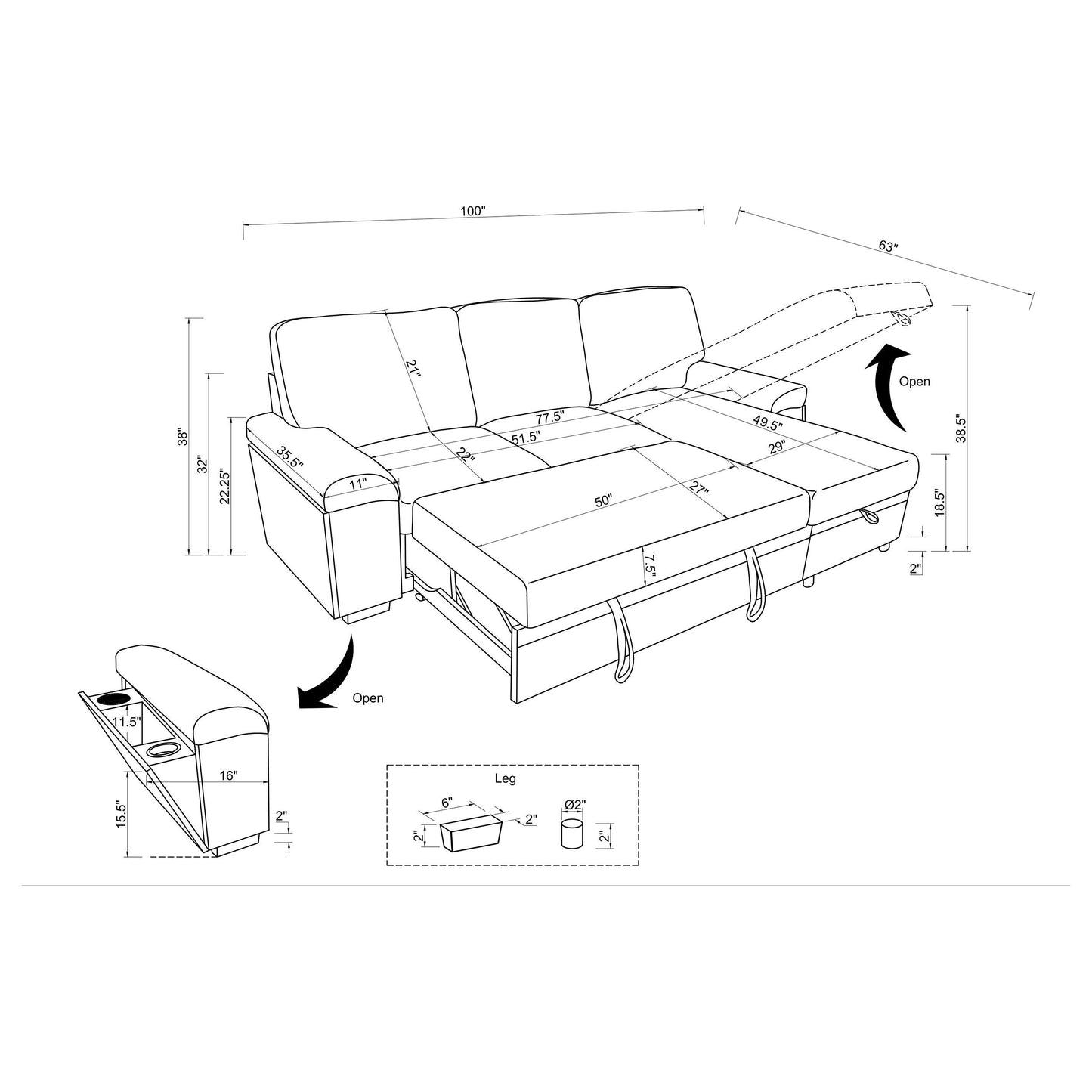  Coaster Furniture Demko 500357 Sleeper Sectional Sofa with Speaker and Storage Chaise - Black IMAGE 20