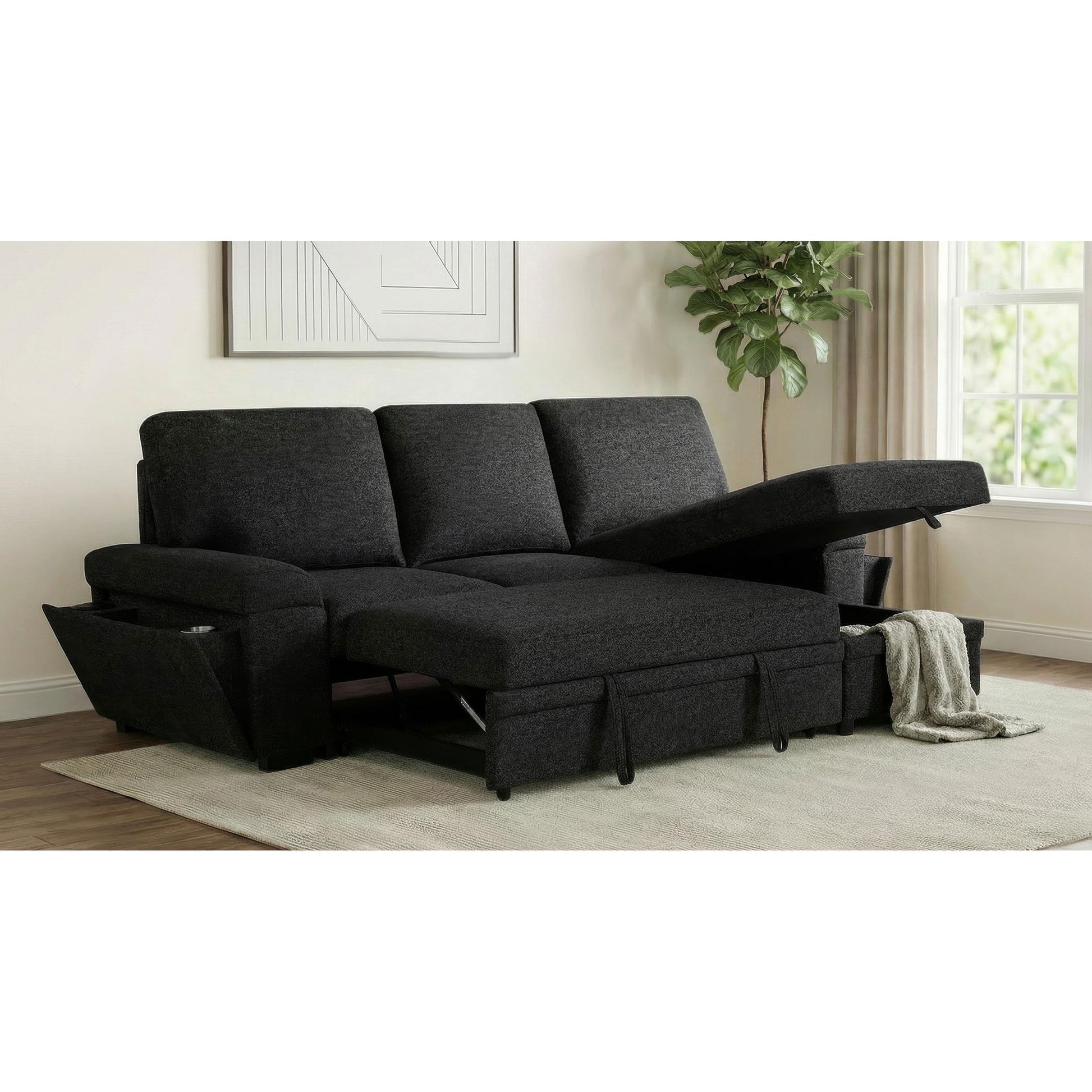  Coaster Furniture Demko 500357 Sleeper Sectional Sofa with Speaker and Storage Chaise - Black IMAGE 9