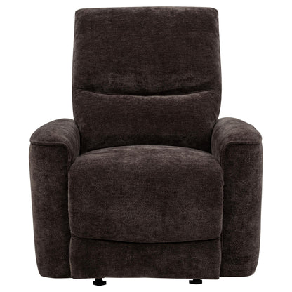  Coaster Furniture Navarro 609573 Chenille Upholstered Glider Recliner - Dark Brown IMAGE 1