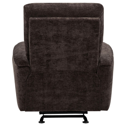  Coaster Furniture Navarro 609573 Chenille Upholstered Glider Recliner - Dark Brown IMAGE 3