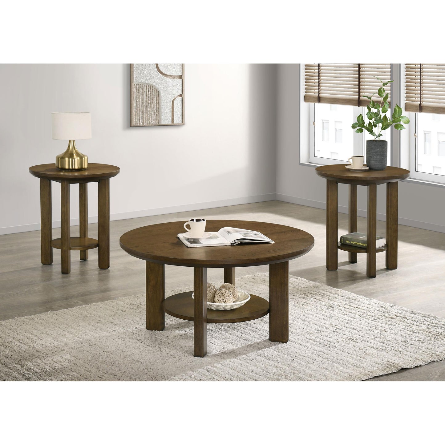 Coaster Furniture Ottowa 706308-S3 3-piece Round Wood Coffee Table Set - Brown IMAGE 3