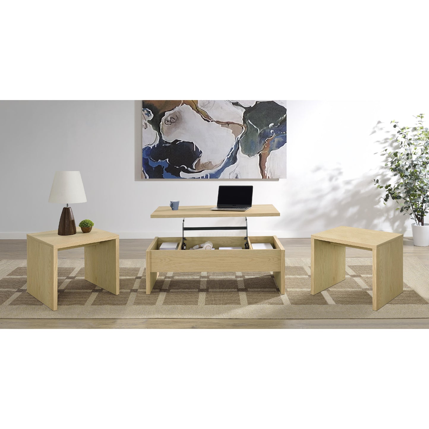  Coaster Furniture Canoga 706348-S3 3-piece Lift Top Cocktail Coffee Table Set - Light Oak IMAGE 2