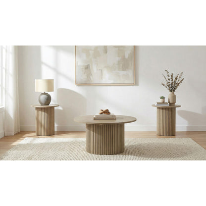  Coaster Furniture Hamlyn 706498-S3 3-piece Round Fluted Coffee and End Table Set - Natural Oak IMAGE 2