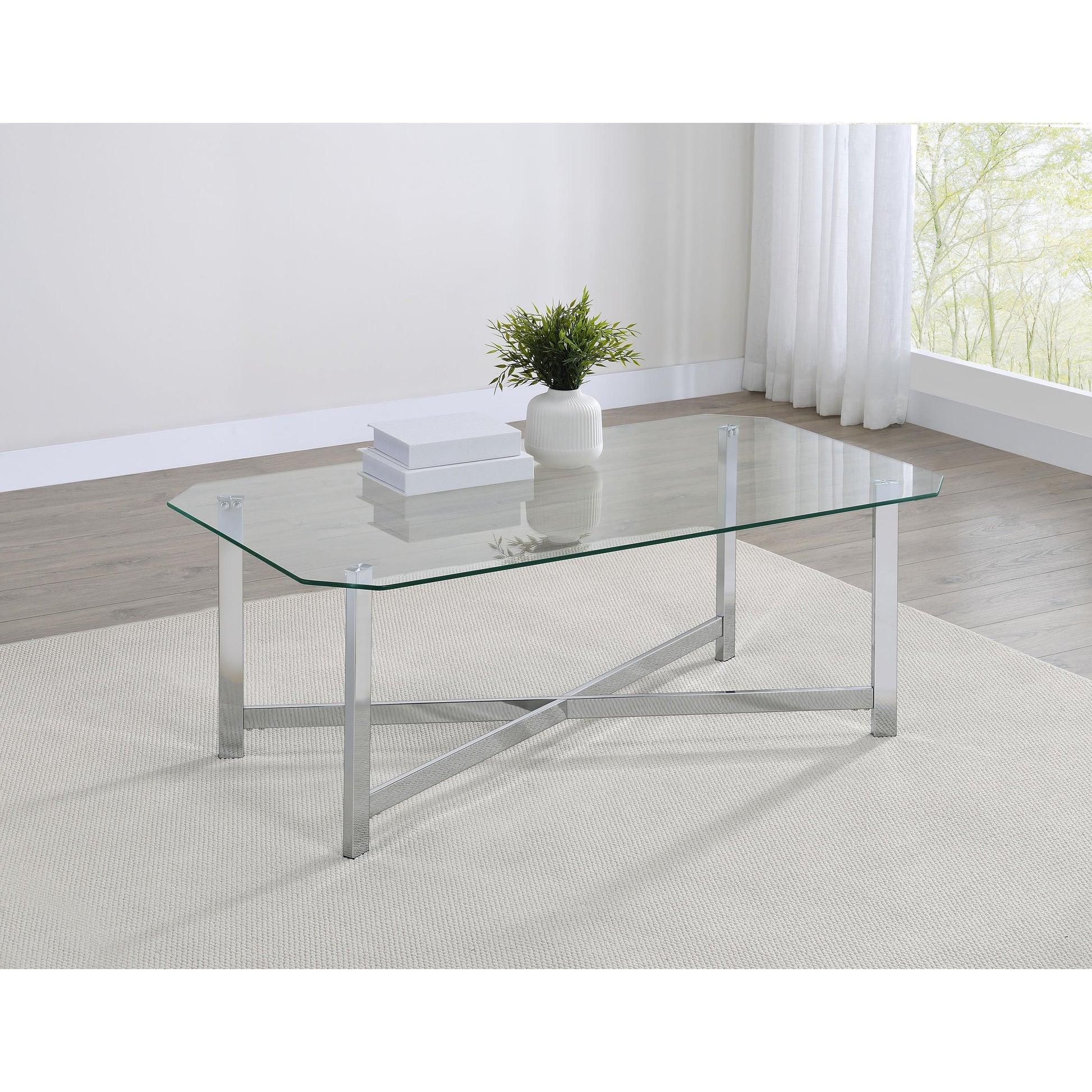  Coaster Furniture Cronin 706568 Rectangular Tempered Glass Top Coffee Table - Chrome IMAGE 5