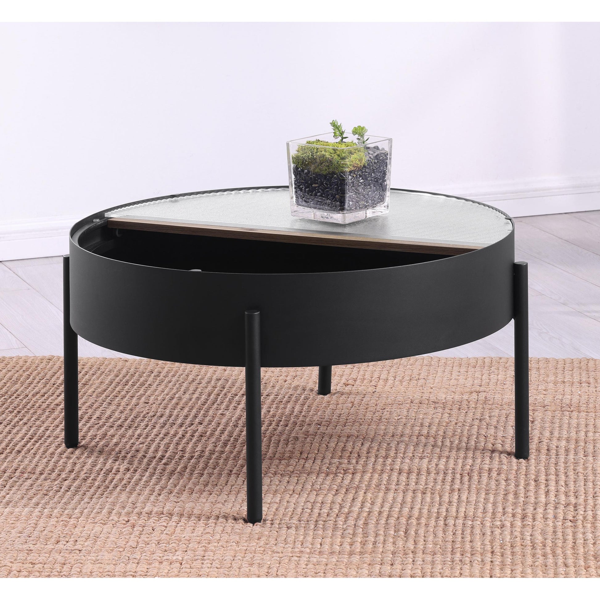  Coaster Furniture Ozella 707898 Round Coffee Table with Hidden Storage - Sandy Black IMAGE 2
