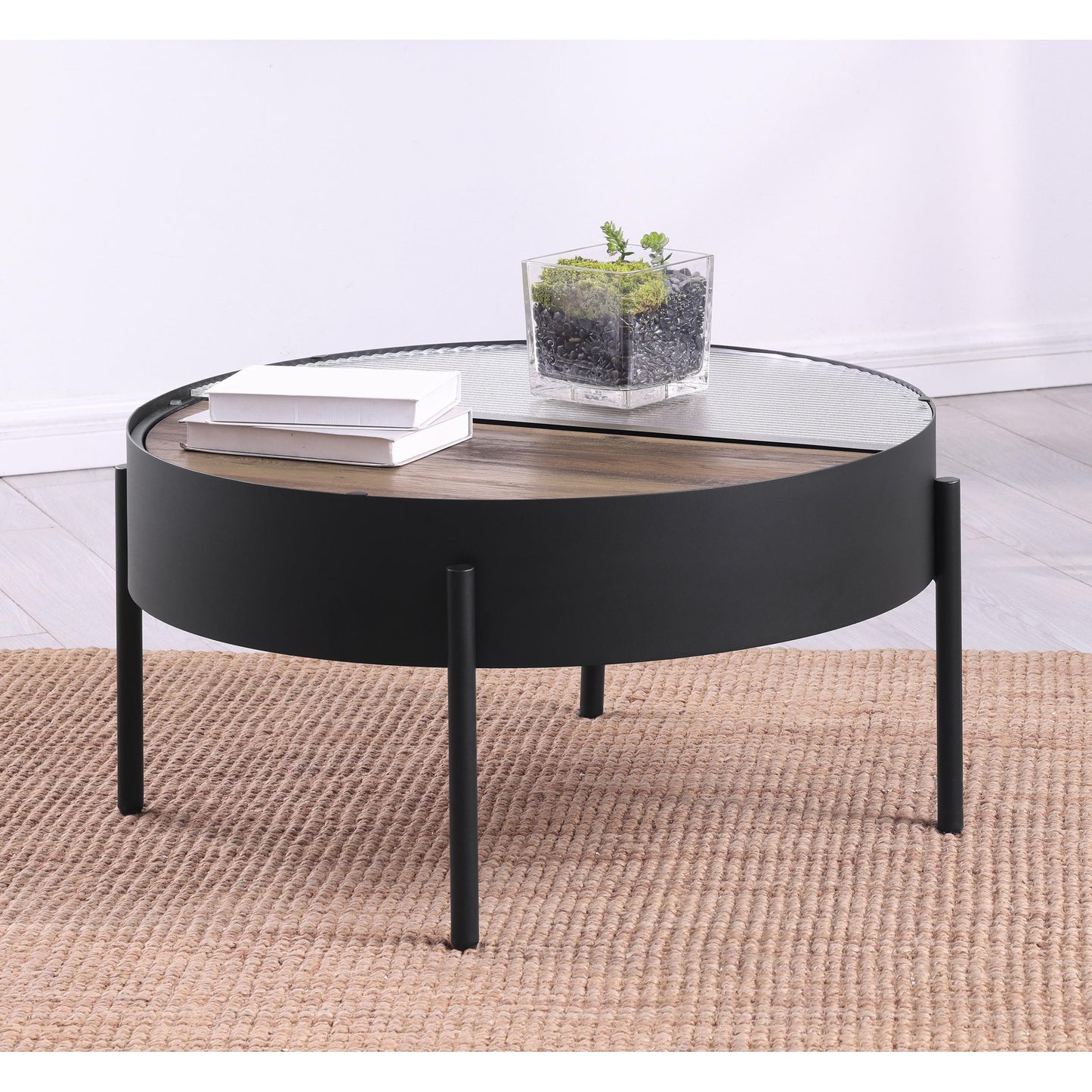  Coaster Furniture Ozella 707898 Round Coffee Table with Hidden Storage - Sandy Black IMAGE 3