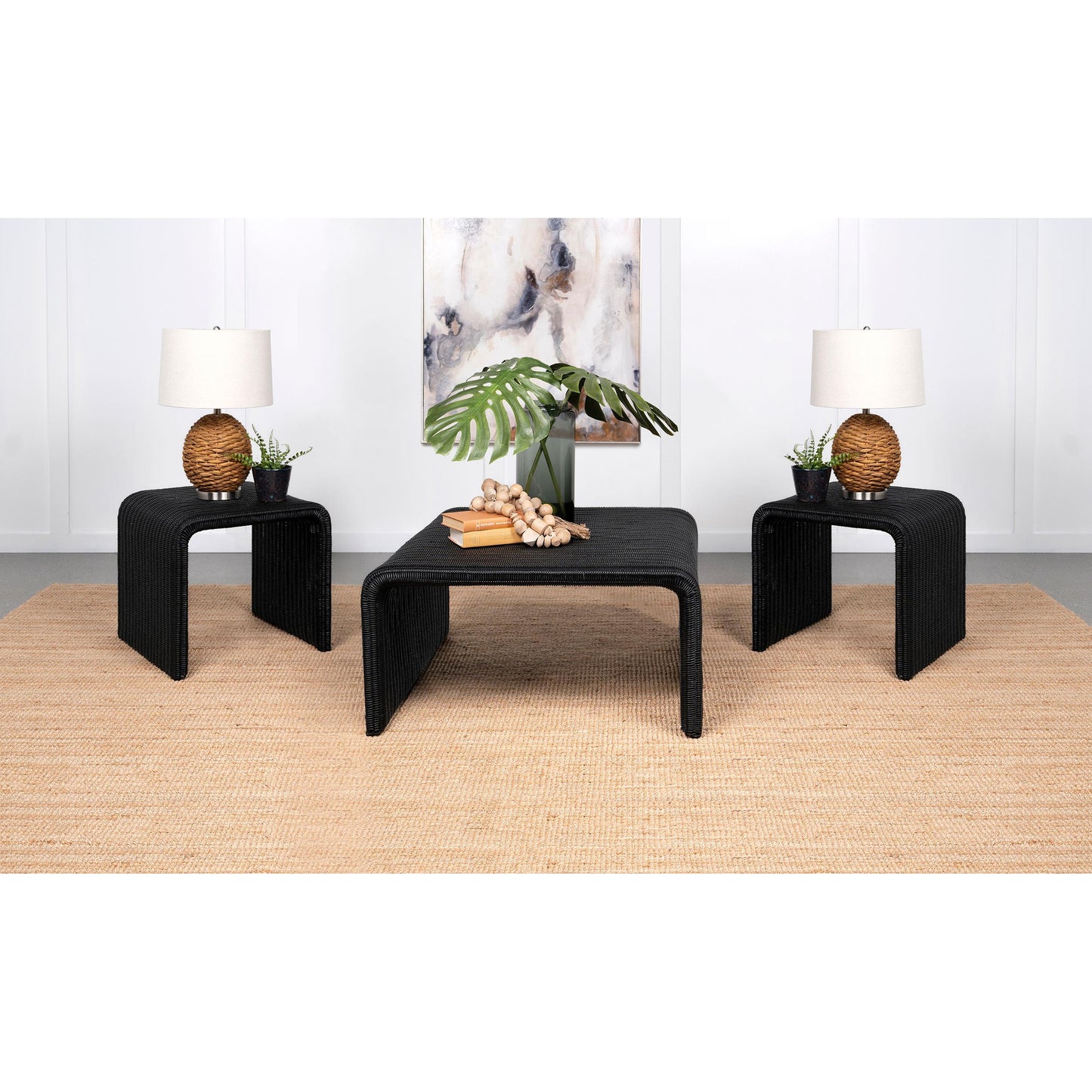  Coaster Furniture Cahya 708518-S3 3-piece Rattan Coffee and End Table Set - Black IMAGE 2