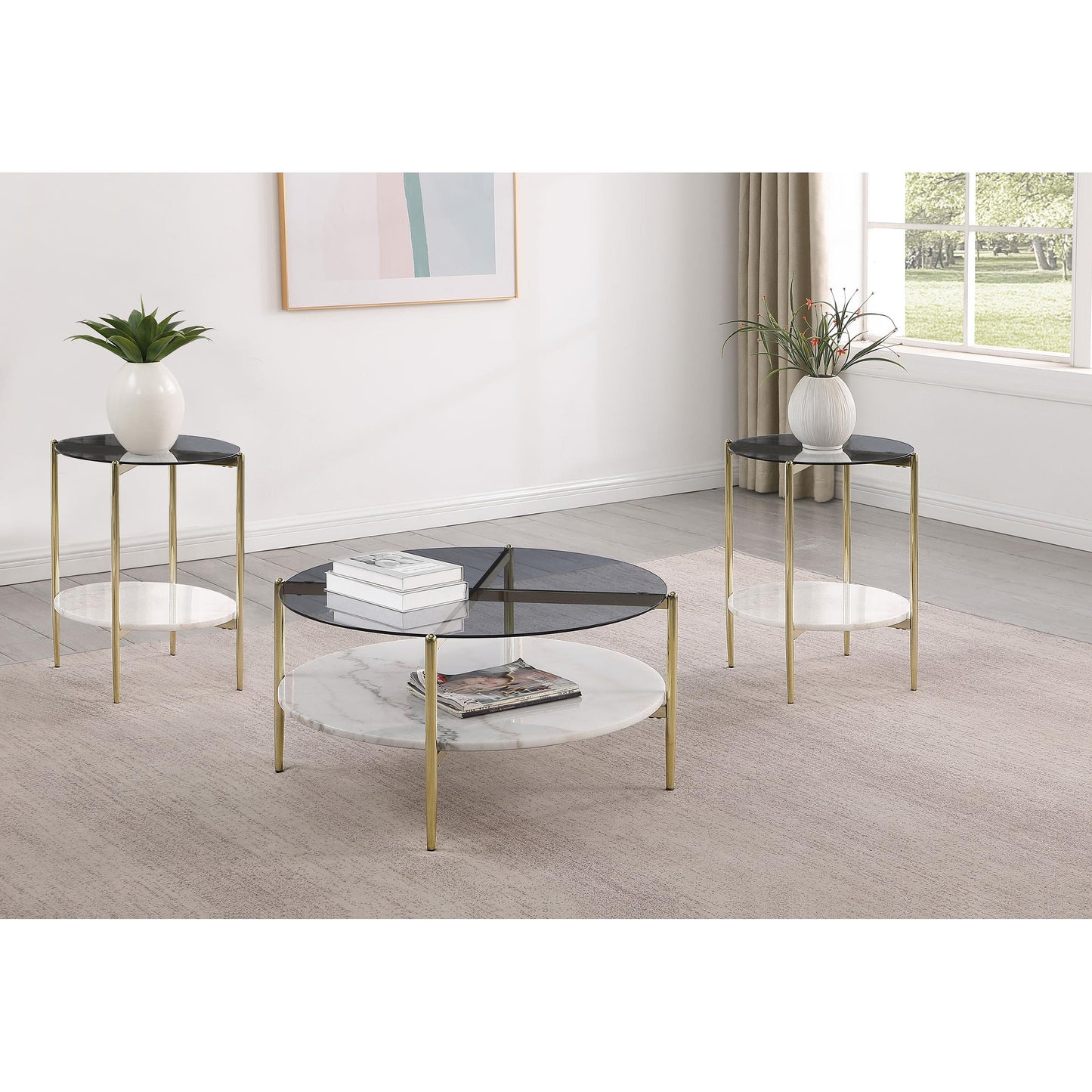  Coaster Furniture Jonelle 710338-S3 3-piece Round Coffee and End Table Set - Gold IMAGE 3