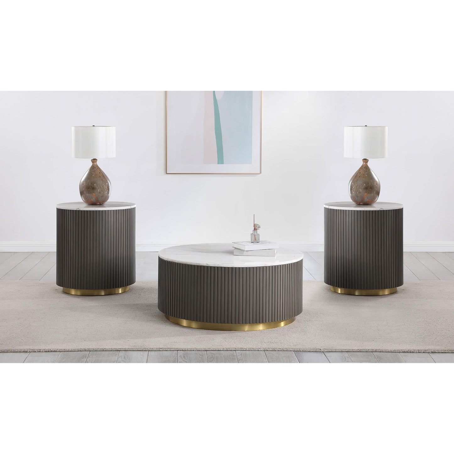  Coaster Furniture Jason 710418-S3 3-piece Round White Marble Coffee Table Set - Charcoal IMAGE 2