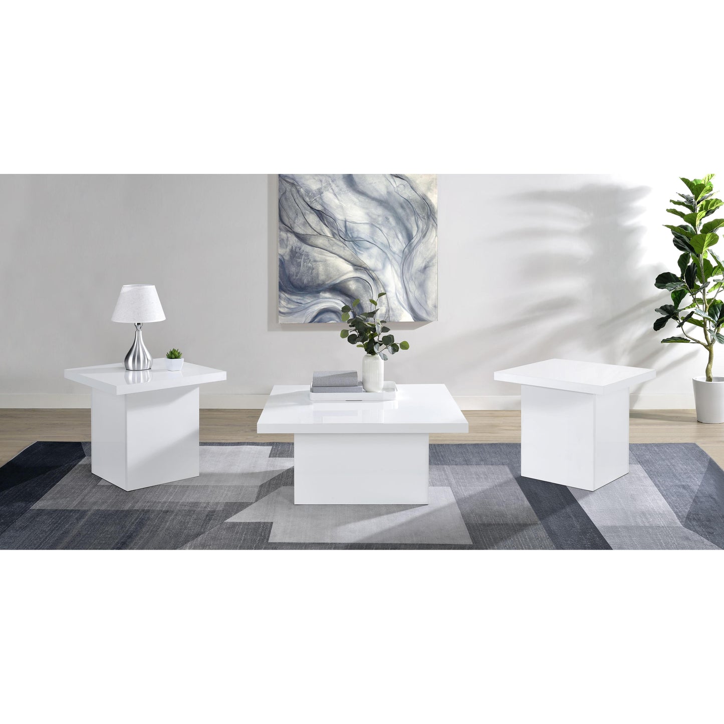  Coaster Furniture Devar 710898-S3 3-piece Square Coffee End Table Set - White High Gloss IMAGE 2