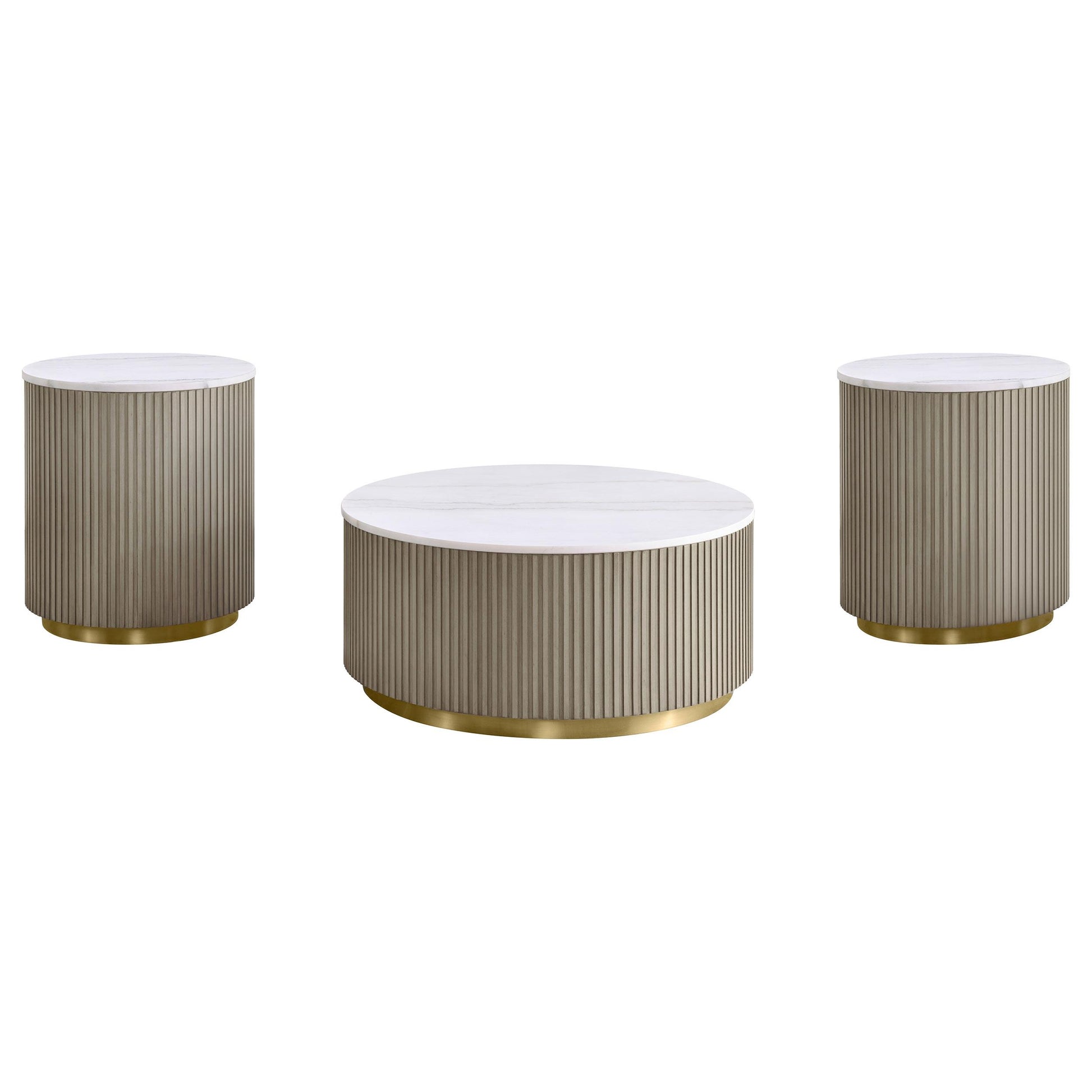  Coaster Furniture Jason 711418-S3 3-piece Round White Marble Coffee Table Set - Greige IMAGE 1