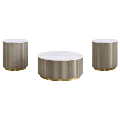  Coaster Furniture Jason 711418-S3 3-piece Round White Marble Coffee Table Set - Greige IMAGE 1