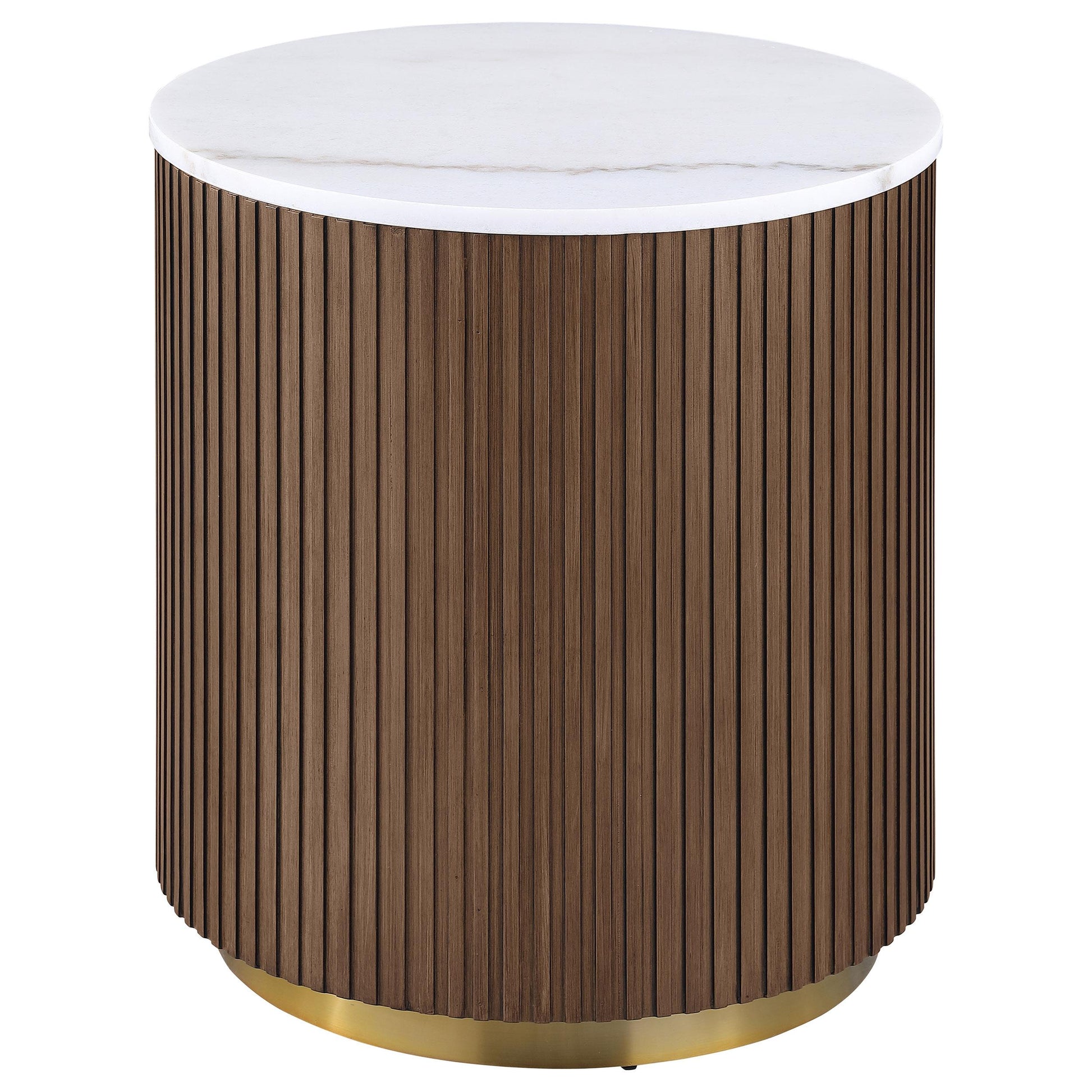  Coaster Furniture Jason 712417 Round White Marble Top End Table - Honey Brown IMAGE 1