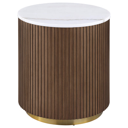  Coaster Furniture Jason 712417 Round White Marble Top End Table - Honey Brown IMAGE 1