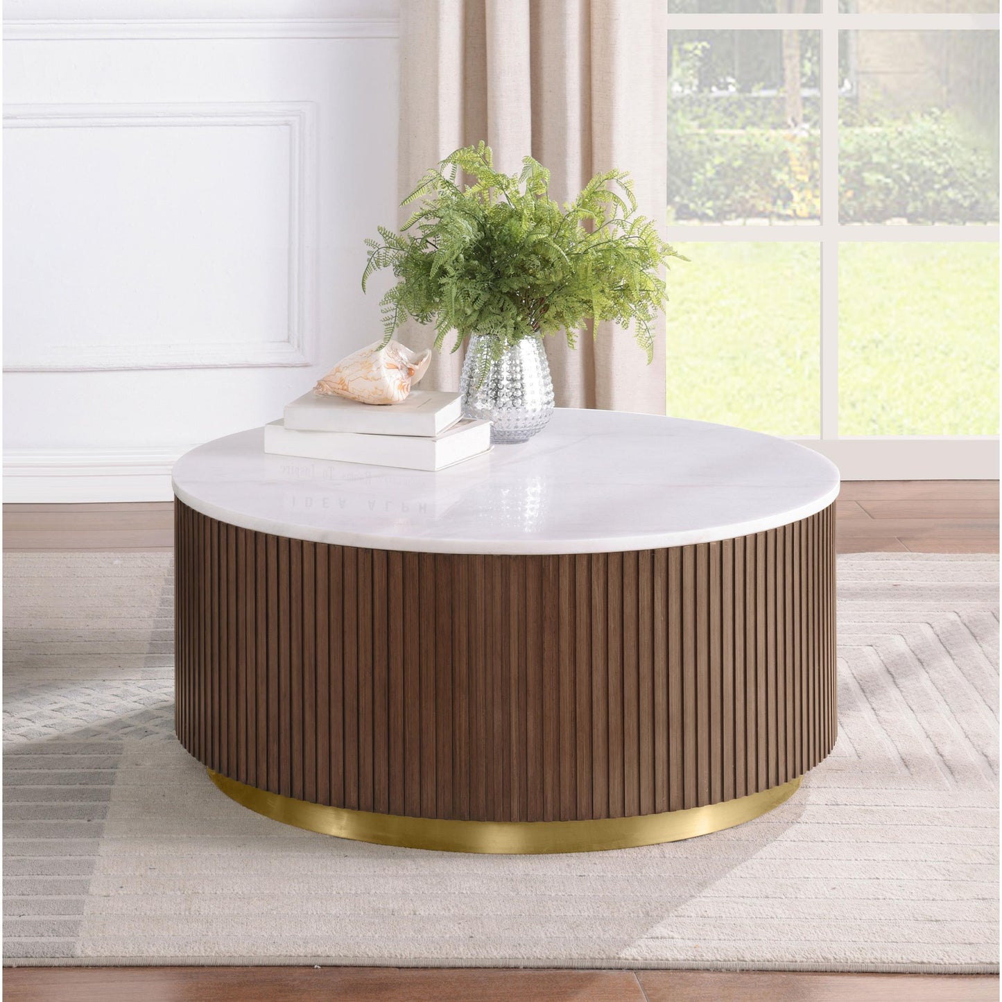  Coaster Furniture Jason 712418 Round White Marble Top Coffee Table - Honey Brown IMAGE 5