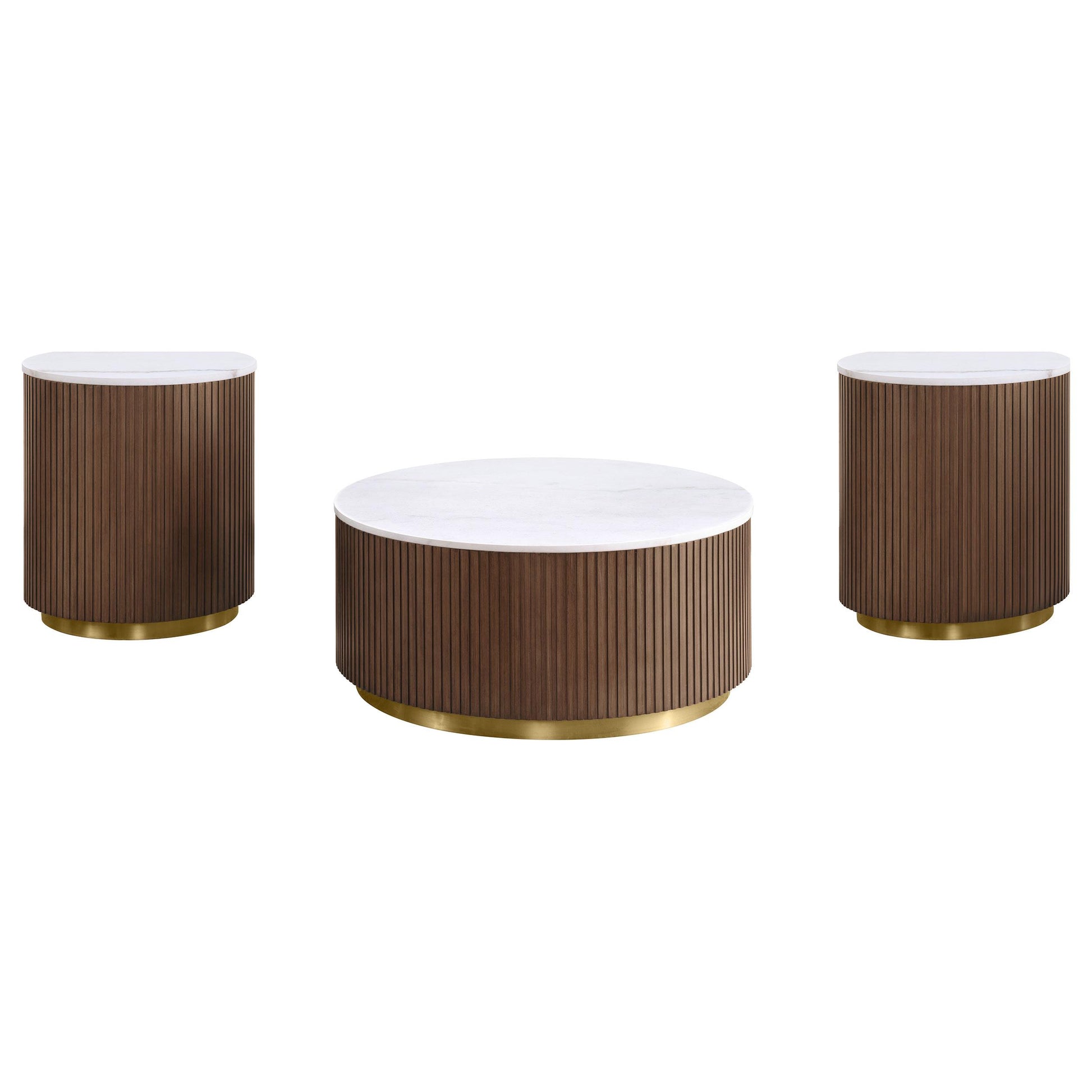  Coaster Furniture Jason 712418-S3 3-piece Round White Marble Coffee Table Set - Honey Brown IMAGE 1