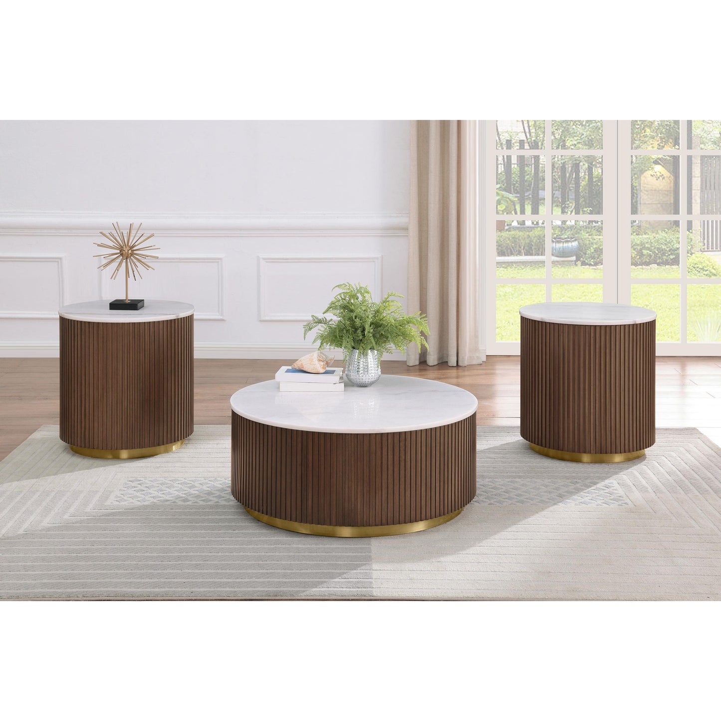  Coaster Furniture Jason 712418-S3 3-piece Round White Marble Coffee Table Set - Honey Brown IMAGE 2
