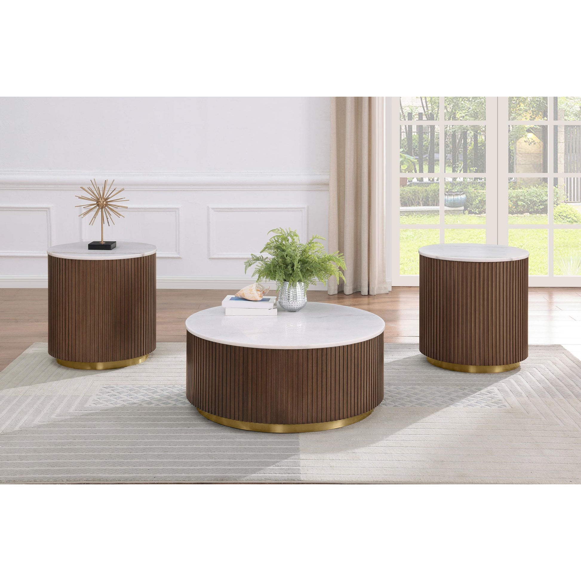  Coaster Furniture Jason 712418-S3 3-piece Round White Marble Coffee Table Set - Honey Brown IMAGE 2