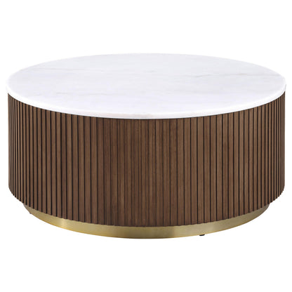  Coaster Furniture Jason 712418-S3 3-piece Round White Marble Coffee Table Set - Honey Brown IMAGE 3