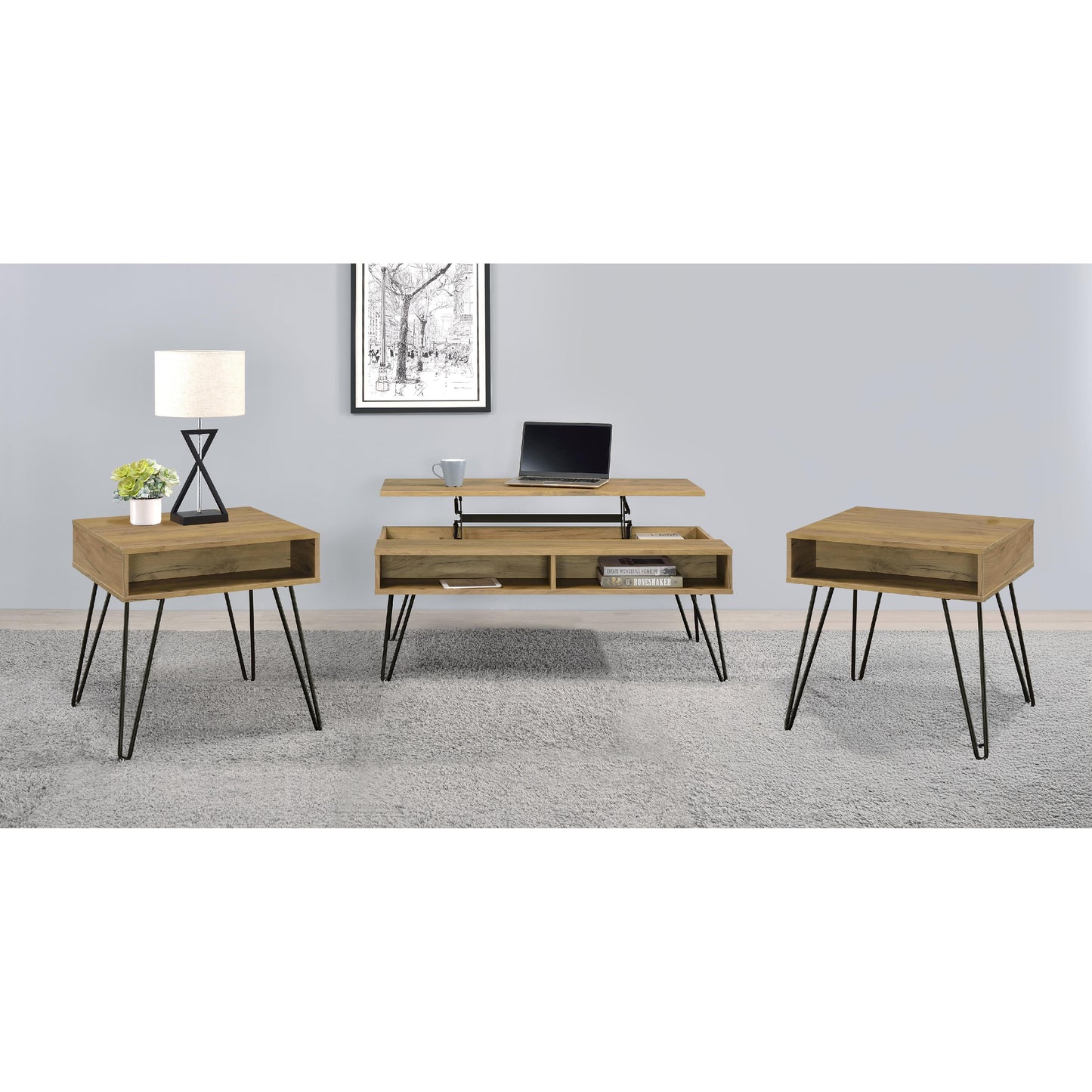  Coaster Furniture Fanning 723368-S3 3-piece Lift Top Coffee and End Table Set - Golden Oak IMAGE 5