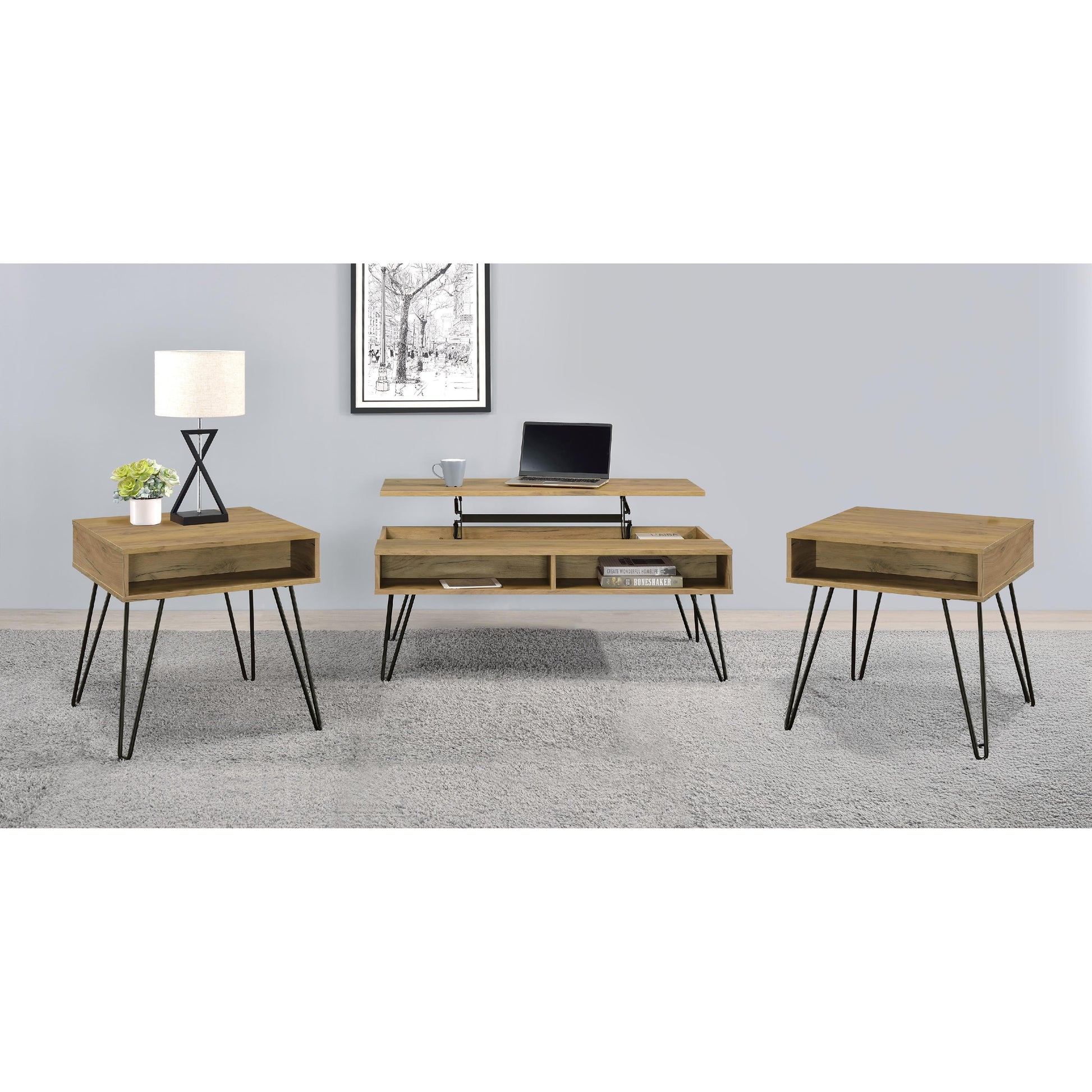  Coaster Furniture Fanning 723368-S3 3-piece Lift Top Coffee and End Table Set - Golden Oak IMAGE 5