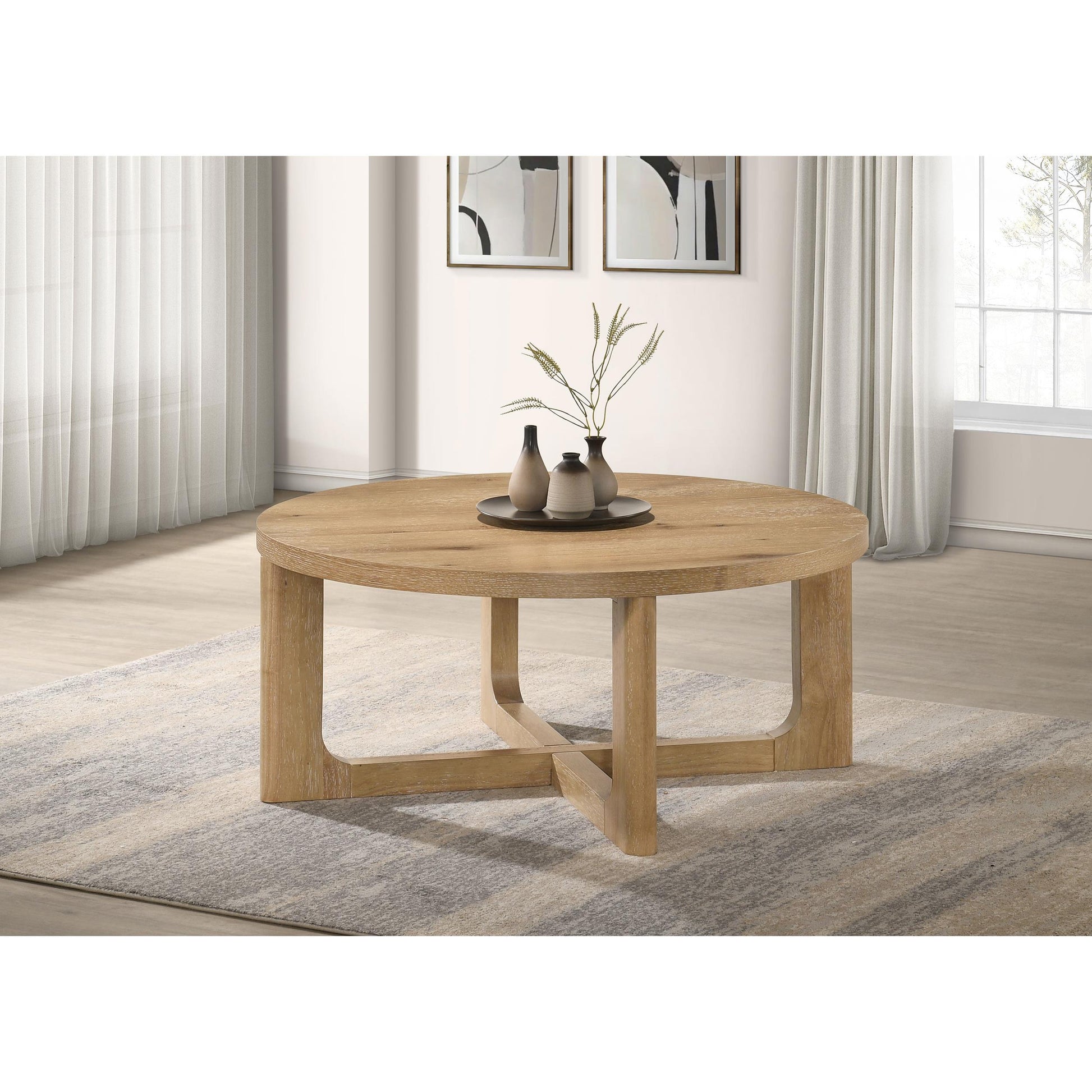  Coaster Furniture Kessler 735988 Round Sculptural Wood Coffee Table - Light Oak IMAGE 4