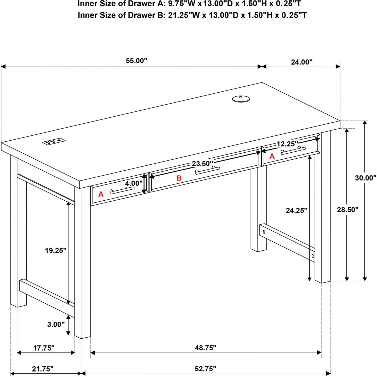  Coaster Furniture Vermes 802061 55-inch 3-drawer Writing Desk with Power Outlet - Light Ash IMAGE 14