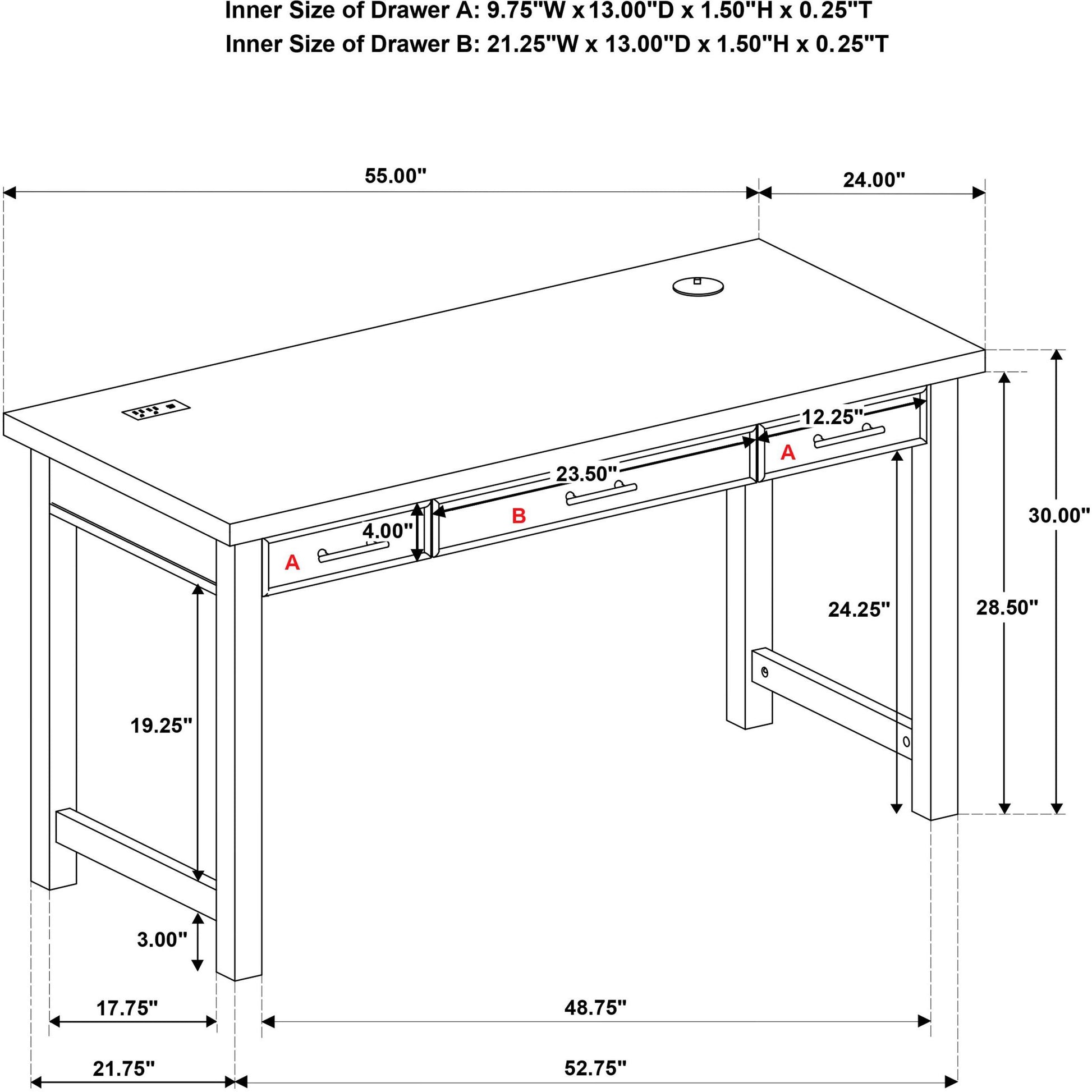  Coaster Furniture Vermes 802061 55-inch 3-drawer Writing Desk with Power Outlet - Light Ash IMAGE 14