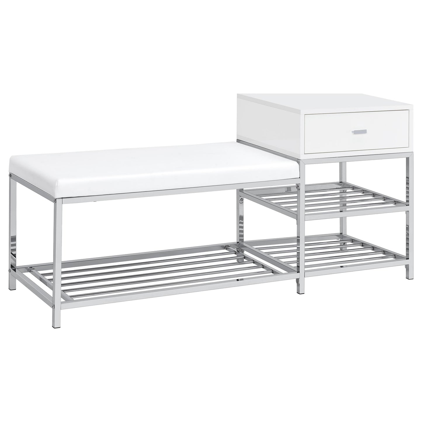  Coaster Furniture Siega 910223 1-Drawer Shoe Storage Entryway Bench - White High Gloss/Chrome IMAGE 1