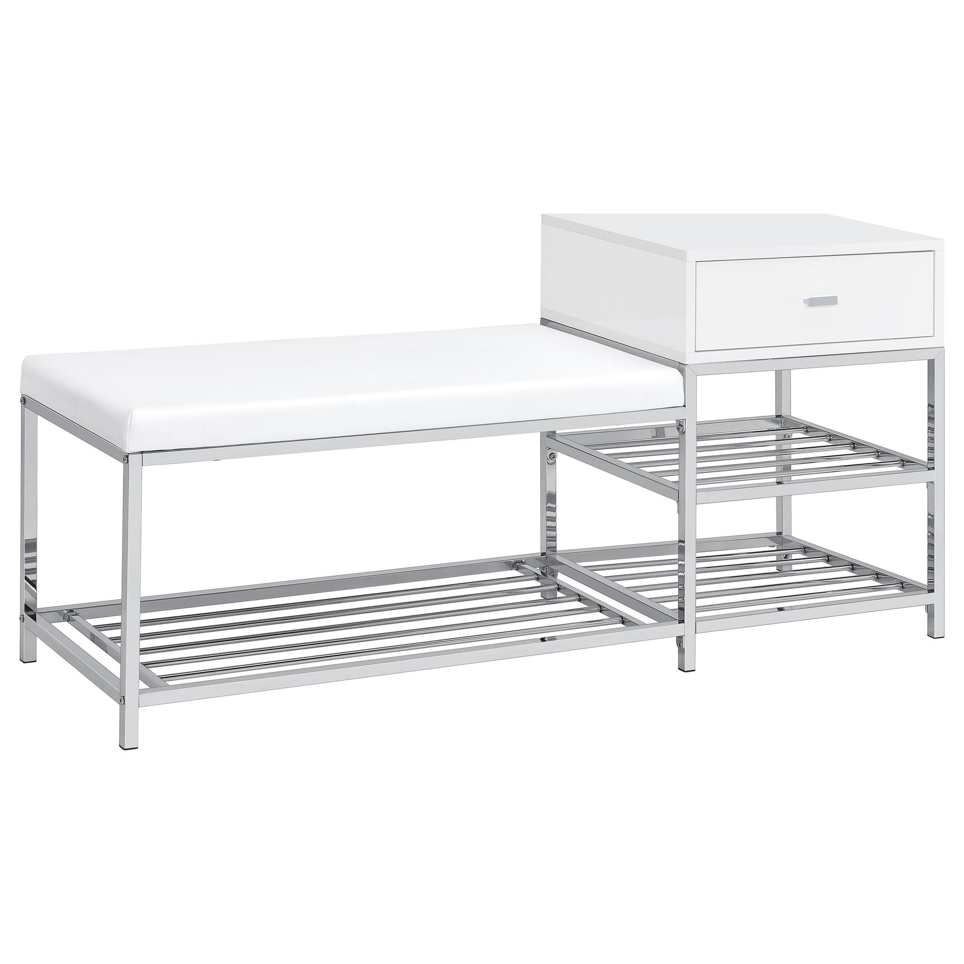  Coaster Furniture Siega 910223 1-Drawer Shoe Storage Entryway Bench - White High Gloss/Chrome IMAGE 1