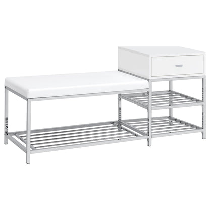  Coaster Furniture Siega 910223 1-Drawer Shoe Storage Entryway Bench - White High Gloss/Chrome IMAGE 1