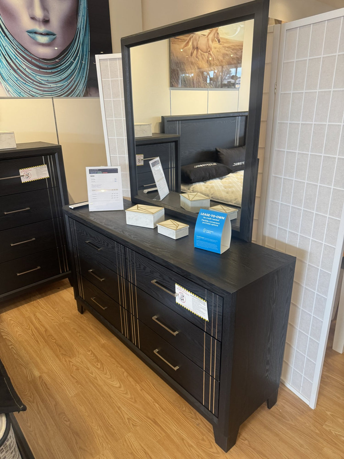 Charlie black dresser and mirror with metallic accents
