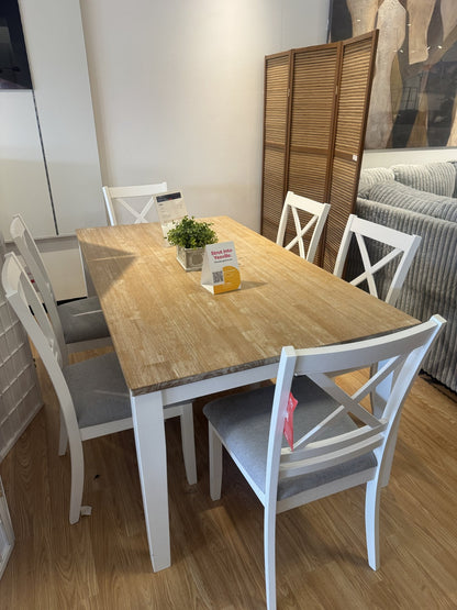 Farmhouse dining table with 6 white X-back chairs