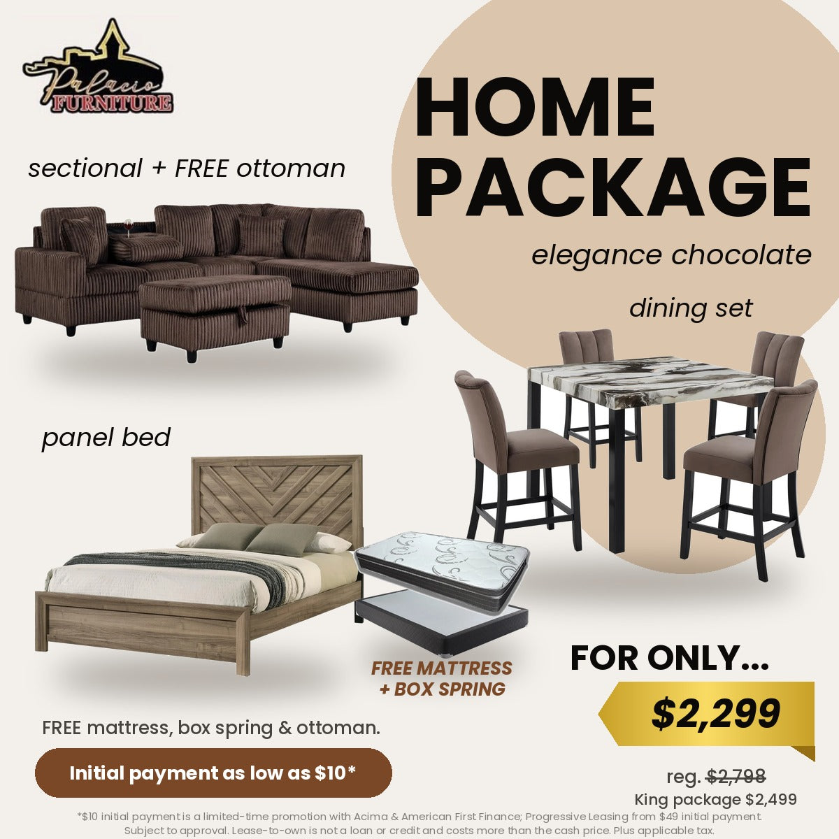 Elegance Home Package Chocolate - sectional with free ottoman, dining set, panel bed, free mattress and box spring