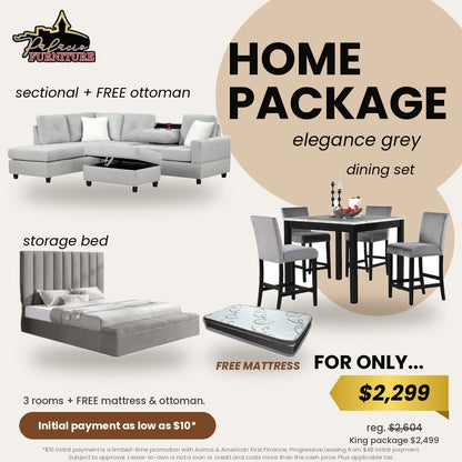 Elegance Home Package Grey - sectional with free ottoman, dining set, storage bed and free mattress