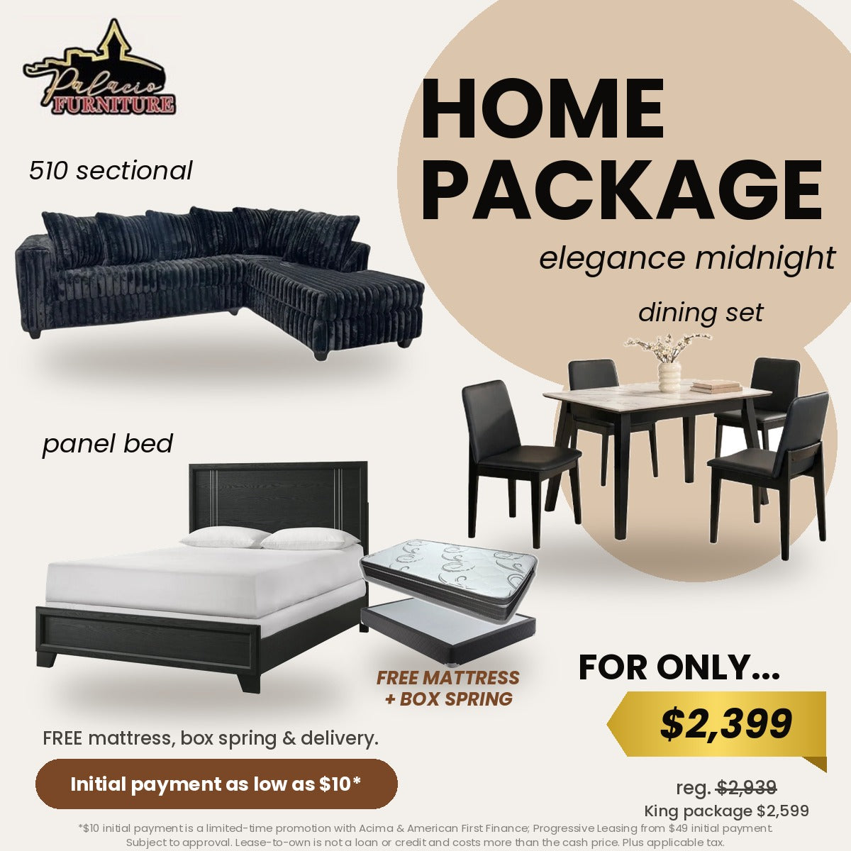Elegance Home Package Midnight + FREE Mattress, Box Spring & Delivery