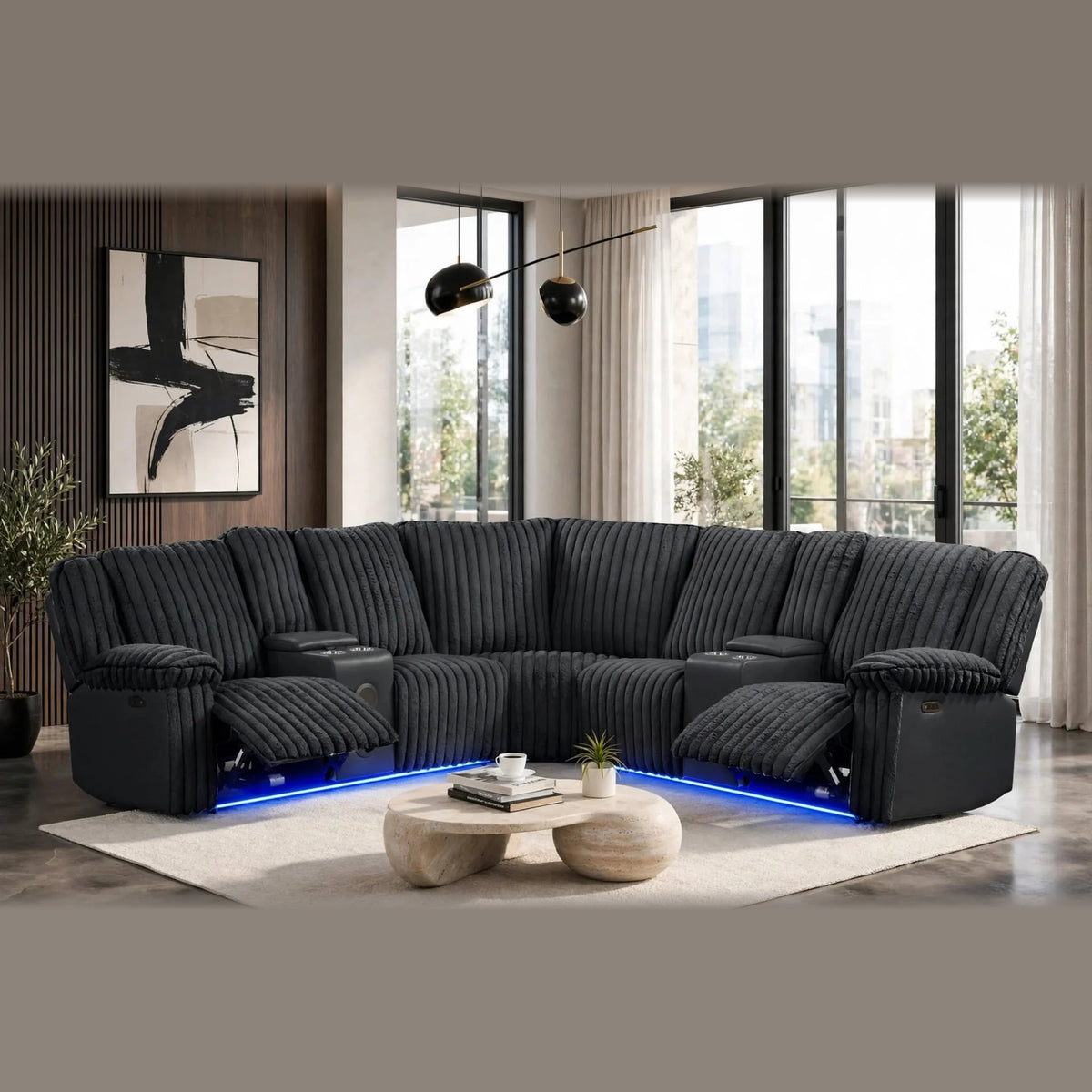 Flash power reclining sectional - black