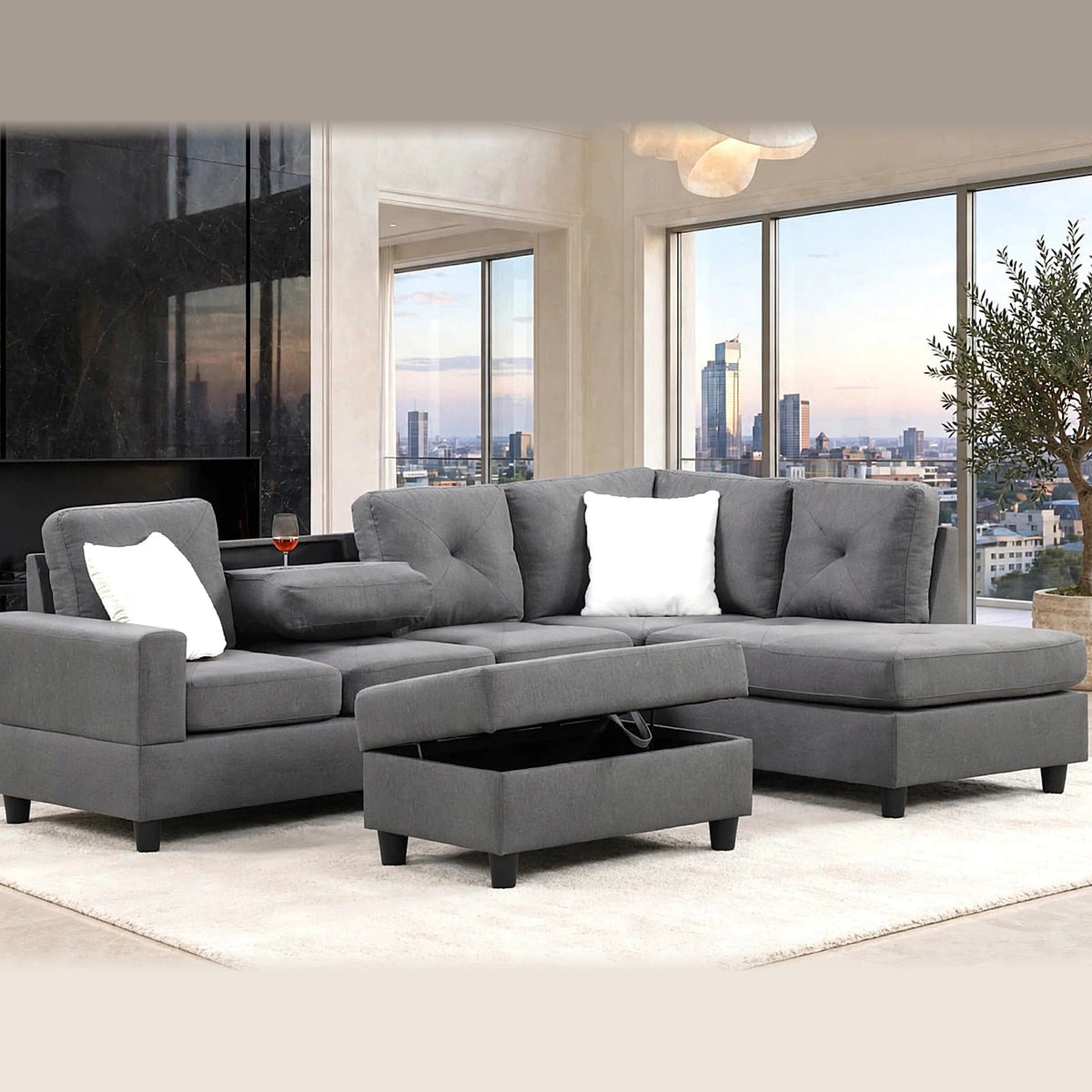 Rocket reversible sectional with storage ottoman in charcoal