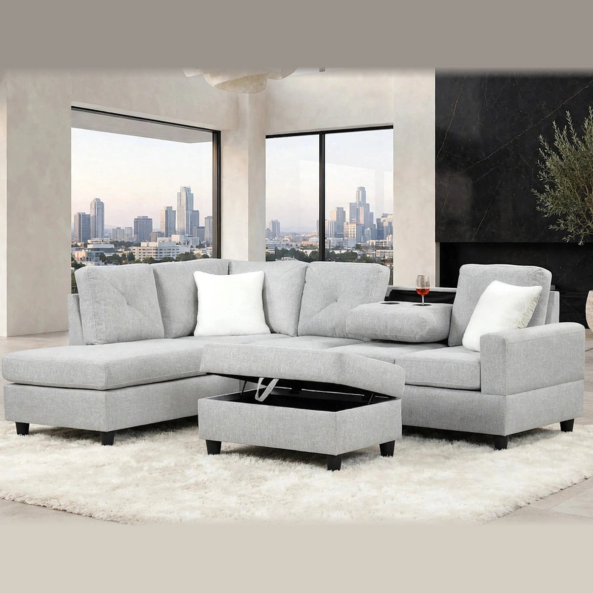 Rocket reversible sectional with storage ottoman in grey