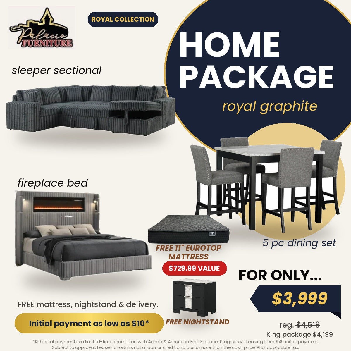 Royal Home Package Graphite - Forever sleeper sectional, Dior dining set, grey Romance fireplace bed, free mattress and nightstand