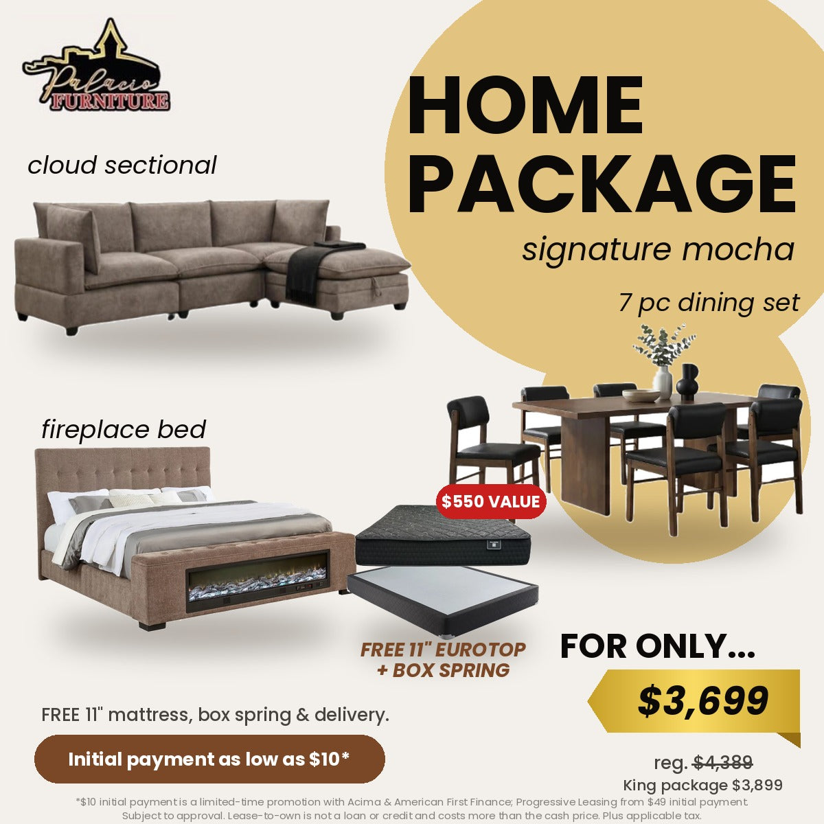 Signature Home Package Mocha - Cloud21 sectional, Decker dining set, Senna fireplace bed, free Hazel eurotop mattress and box spring